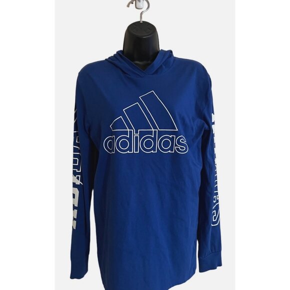 Adidas women's royal blue long sleeve hooded t-shirt size Large,  logo printed - Picture 1 of 9